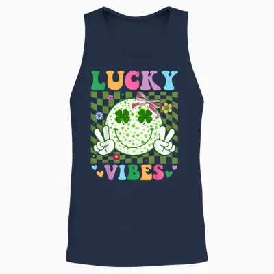 Groovy St Patricks Day Lucky Vibes Shamrock Women Girls Unisex Tank Top - Navy