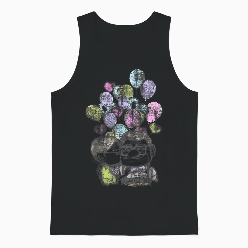 Portrait of Carl and Ellie with Heart Balloons Disney Pixar Up T-Shirt, White, S Unisex Tank Top in Black