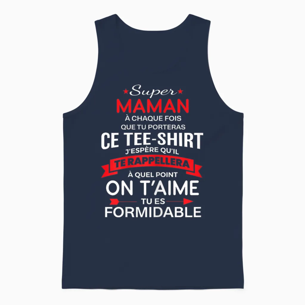 Super Maman on T'aime Gift Woman Mum T-Shirt, Black Unisex Tank Top in Navy