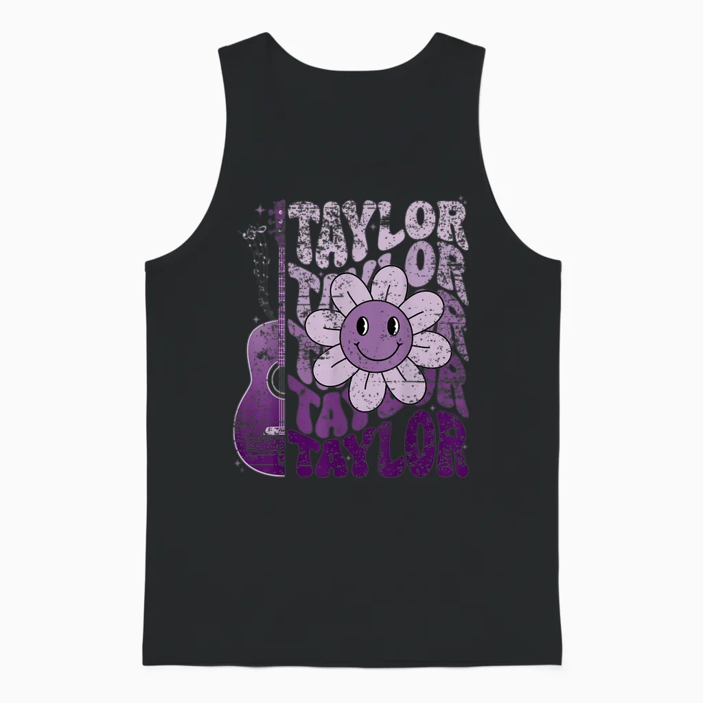 Taylor First Name I Love Taylor Girl Groovy 80's Vintage Unisex Tank Top in Black