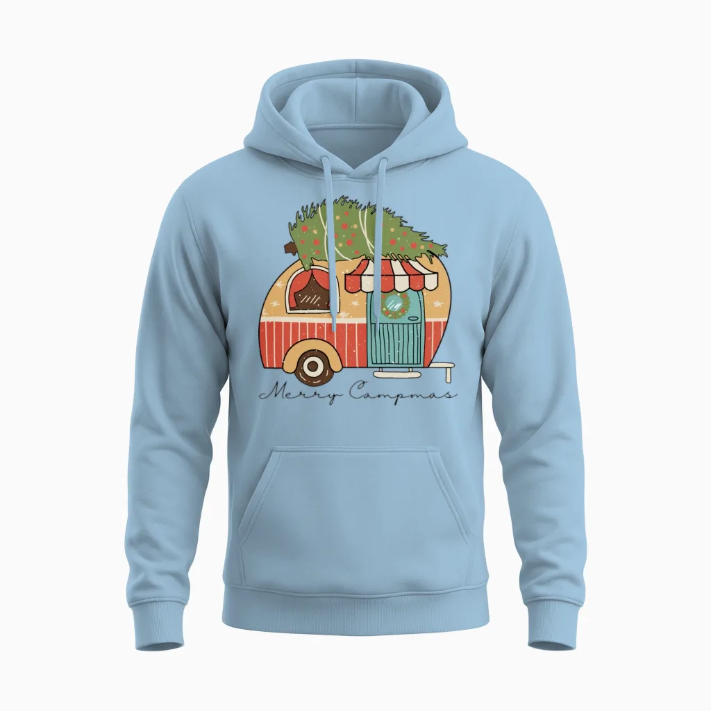 Retro Christmas Merry Campmas Unisex Hoodie - Light Blue
