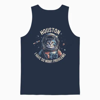Houston I Have So Many Problems Space Cat Humour Unisex Tank Top - Navy
