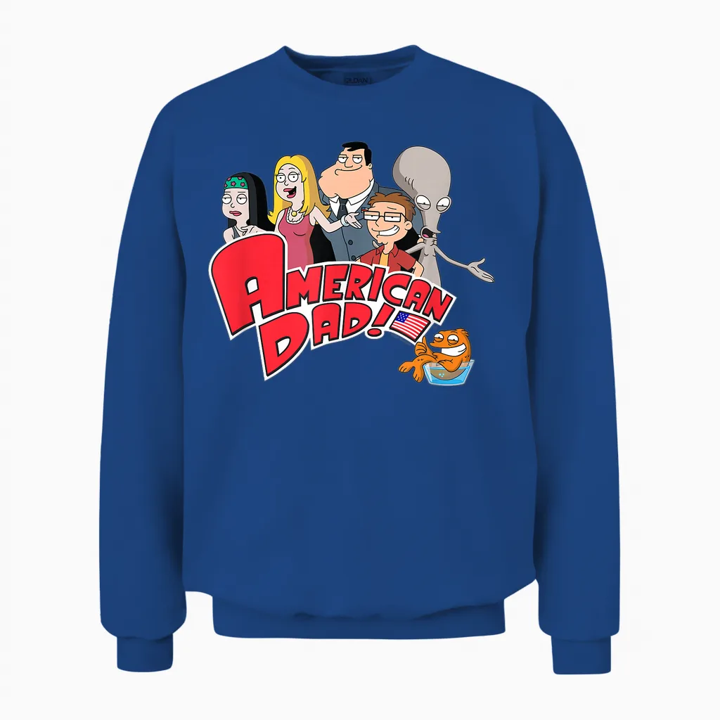 American Dad Show Logo with Family Cartoon T-Shirt, Black, S Unisex Sweatshirt in Royal