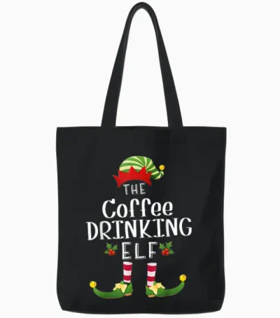 Coffee Drinking Christmas Elf Matching Pajama X-Mas Party Tote Bags - Black