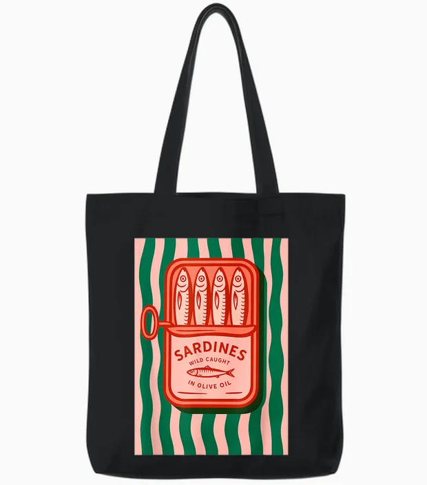 Retro Graphic Summer Fish Tin Sardines for Men Women Tote Bags in Black