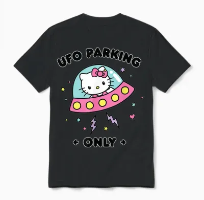 Hello Kitty Ufo Parking Only Area 51 Alien Spaceship Unisex T-Shirt - Black