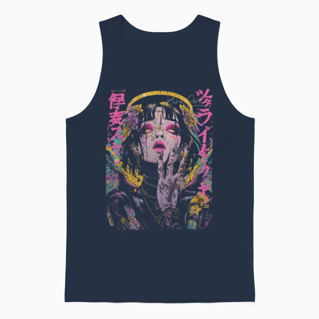 Japon Streetwear Cyberpunk Ange Y2k Techwear Manga Anime Unisex Tank Top in Navy