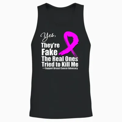 Yes They're Fake Breast Cancer Unisex Tank Top - Black