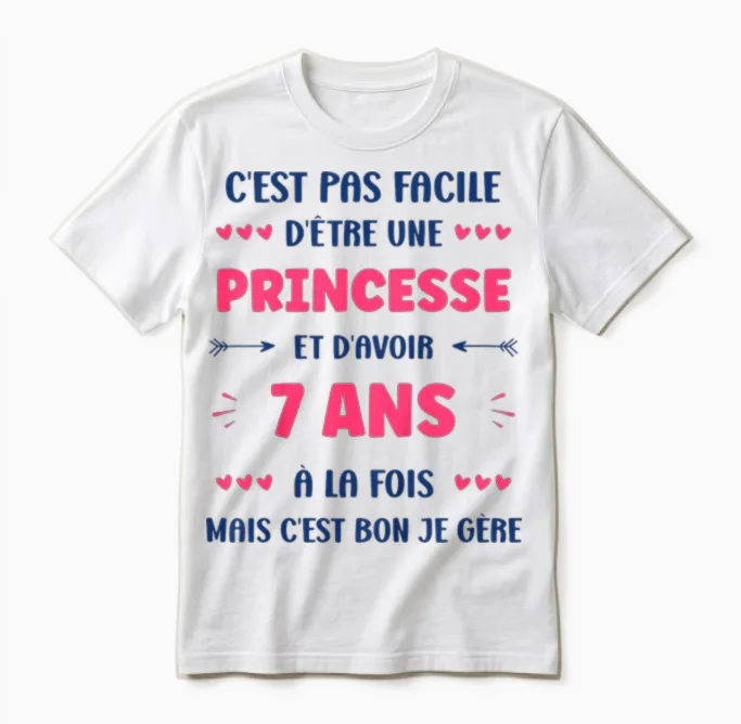 Child Girl 7 Years Child Princess Birthday Humour 7 Years T-Shirt, White, 2 Unisex T-Shirt in White