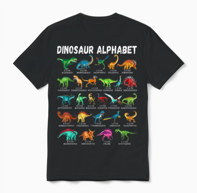 Types of Dinosaurs Alphabet A-Z Abc Dino Identification Unisex T-Shirt in Black