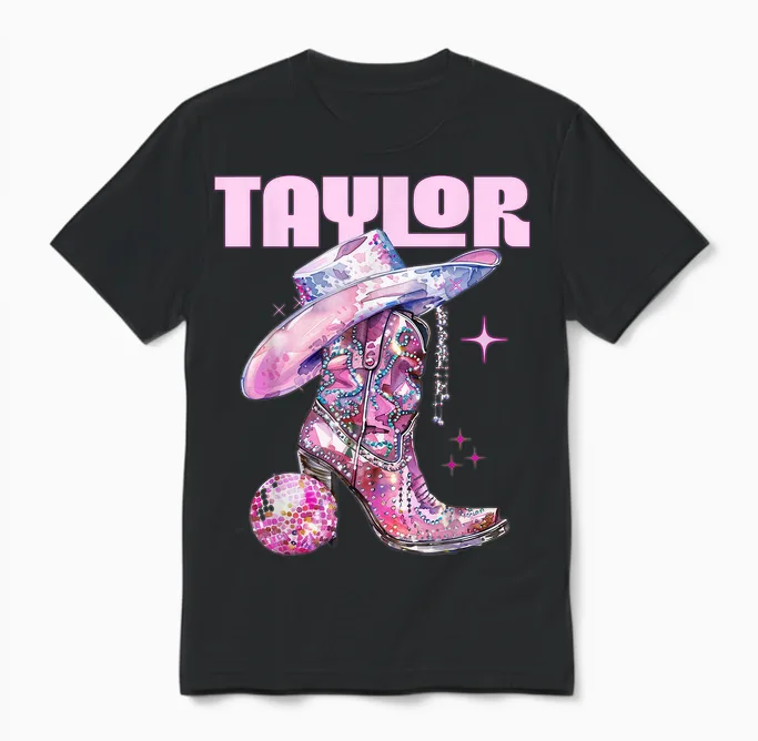 Taylor Outfit Disco Pink Cowgirl Shirt Women's Teen Girls Name T-Shirt, Black Unisex T-Shirt in Black