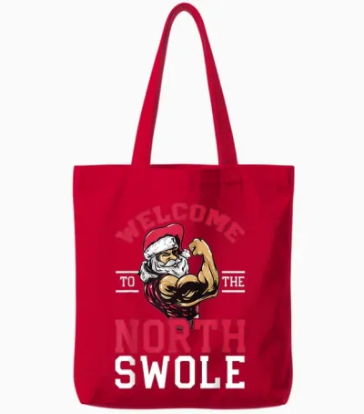 Funny Christmas Weightlifting Workout T-Shirt North Swole Tote Bags - Red