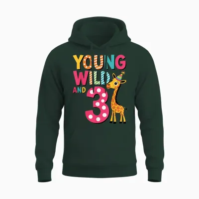 Young Wild and Three Cute Giraffe Kids Birthday Age 3 Unisex Hoodie - Forest