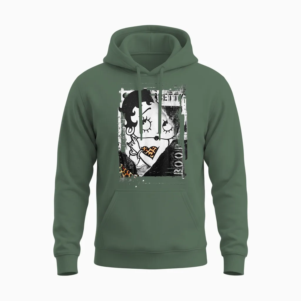 Betty Boop Distressed Punk Rock Vintage Stamp Poster Design Unisex Hoodie in Military Green