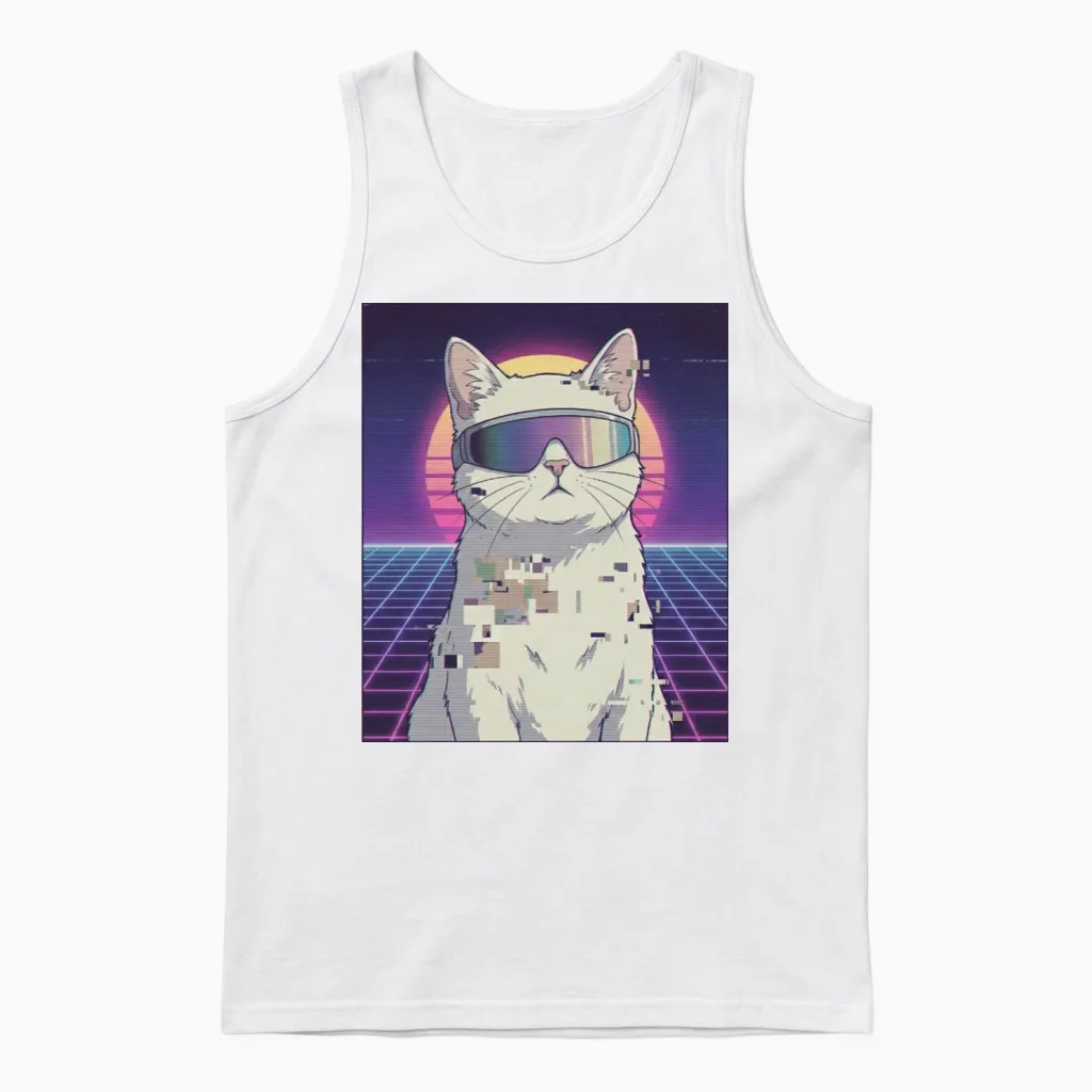 Retro Neon Cat - Lovers Unisex Tank Top - White