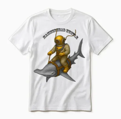 Vintage Helmet Diver Riding a Hammerhead Shark Urm Unisex T-Shirt - White