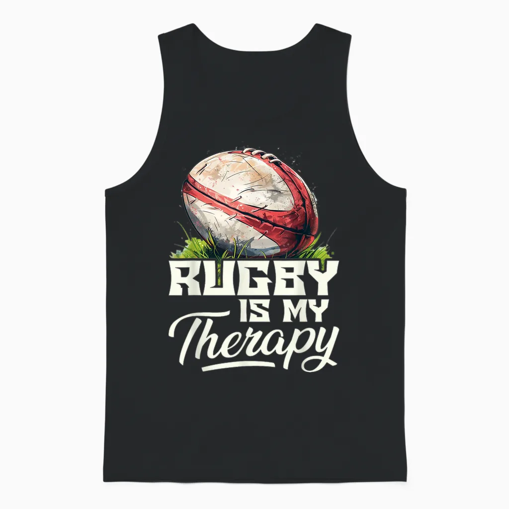 Rugby Is My Therapy Rugby T-Shirt, Black Unisex Tank Top in Black