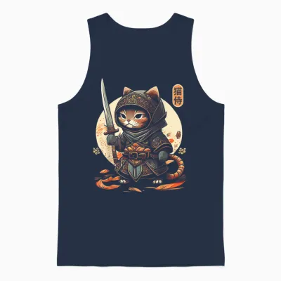 Japanese Samurai Cat Tattoo Kawaii Ninja Cat Unisex Tank Top - Navy