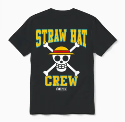 One Piece Anime Straw Hat Crew Athletic Type Jolly Rogers Unisex T-Shirt - Black