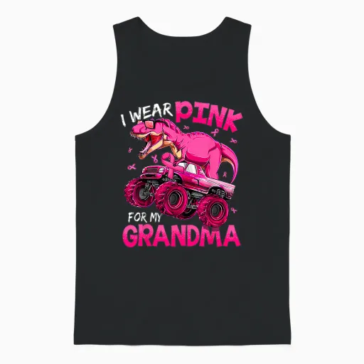 I Wear Pink for My Grandma Breast Cancer Awareness Dinosaur Unisex Tank Top in Black