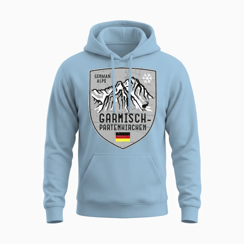 Garmisch Mountain Germany Emblem Unisex Hoodie in Light Blue