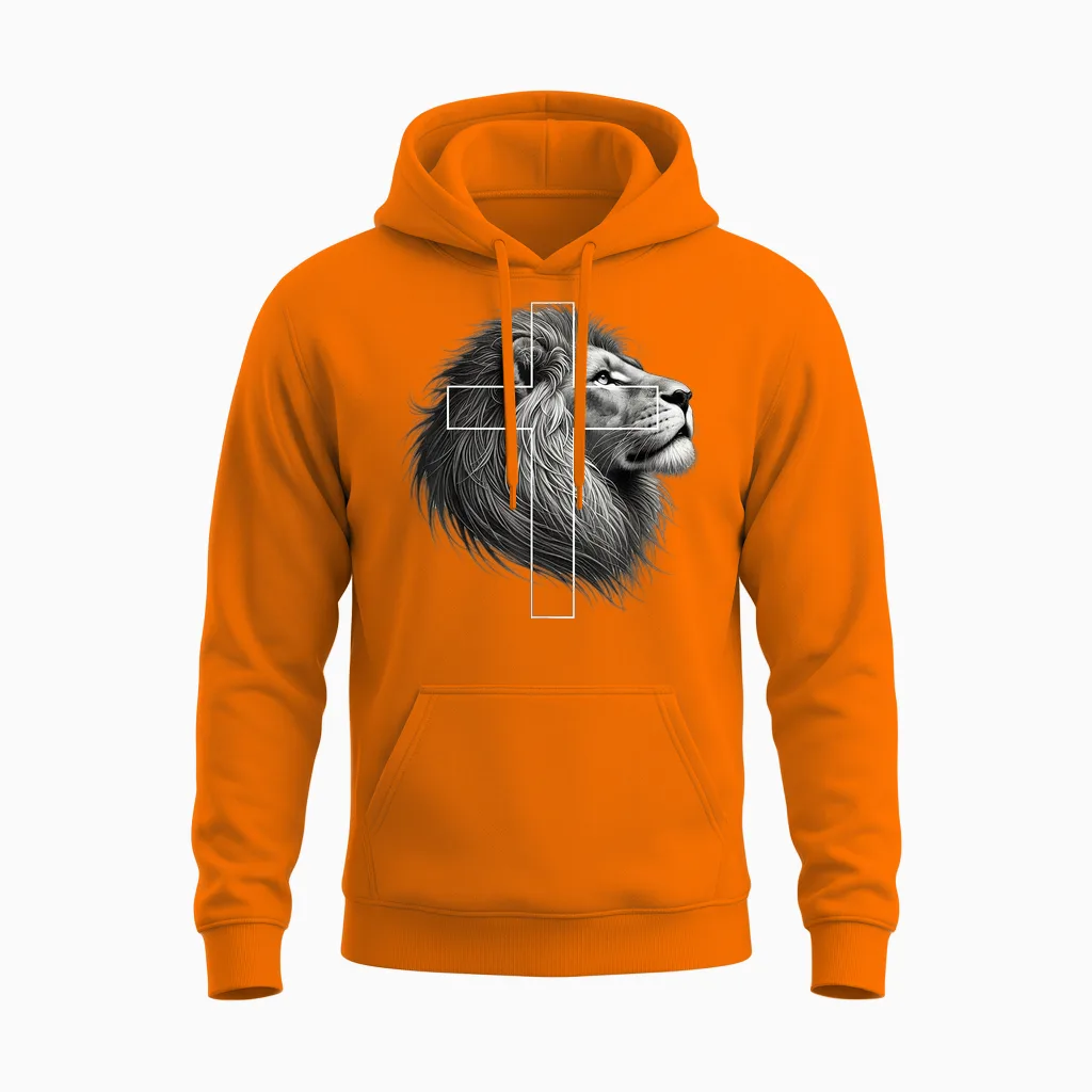 Jesus Lion of Judah Christian Cross Unisex Hoodie in Safety Orange
