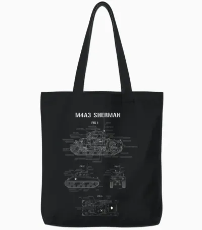 World War 2 American Tank M4a3 Sherman Blueprint Tote Bags - Black