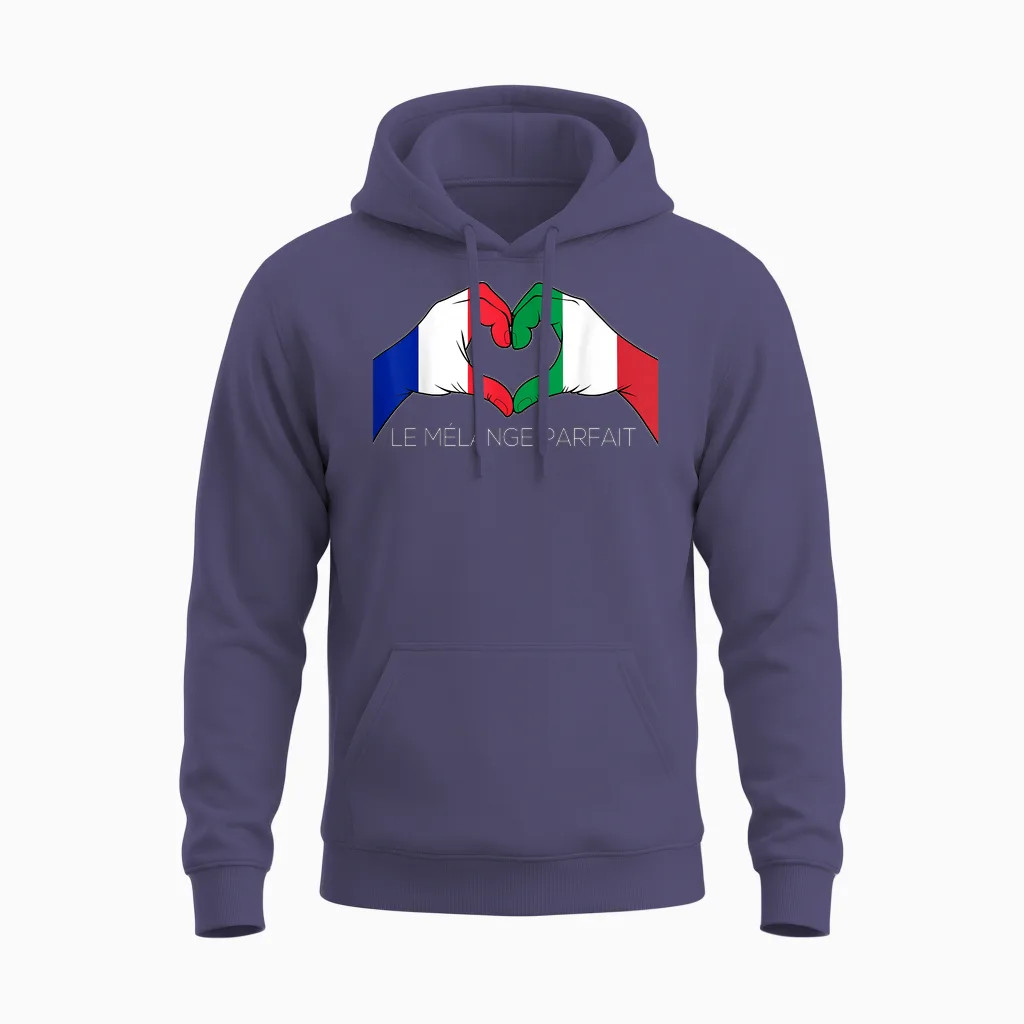 France and Italy French-Italian Le Mélange Parfait Coeur T-Shirt, Black, S Unisex Hoodie in Heather Sport Dark Navy