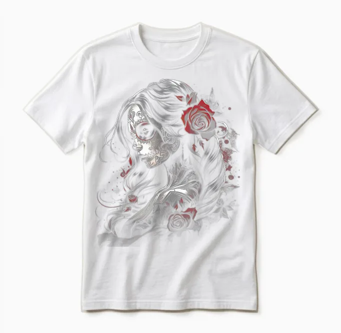 Tag Der Toten Zuckerschädel Kunst Rose Mexikanisch Damen T-Shirt, Schwarz, S, Kurzarm, Kunstvolle Designs Und Klassischer Schnitt Unisex T-Shirt in White