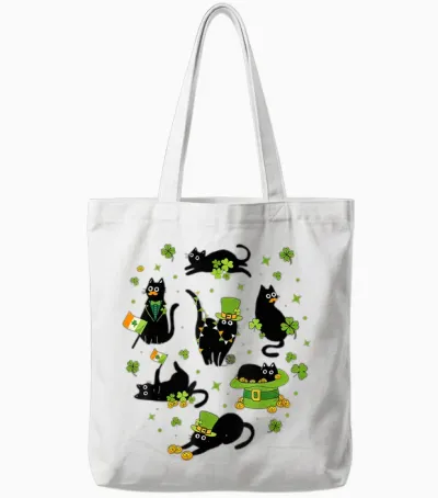 St Patricks Day Black Cat with Shamrock Irish Matching Tote Bags - White