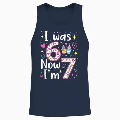 7 Years Old Birthday I Was 6 Now I'm 7 6 7 Funny Kids Girls Unisex Tank Top - Navy