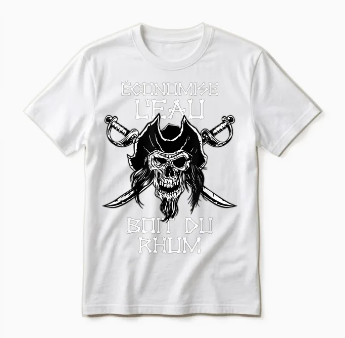 Drink Rum - Saves Water, Drink Rum. Pirate T-Shirt, Black Unisex T-Shirt in White