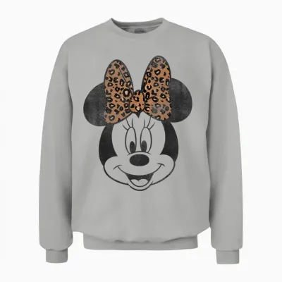 Disney Minnie Mouse Vintage Leopard Print Bow Portrait Short Sleeve Unisex Sweatshirt - Ash