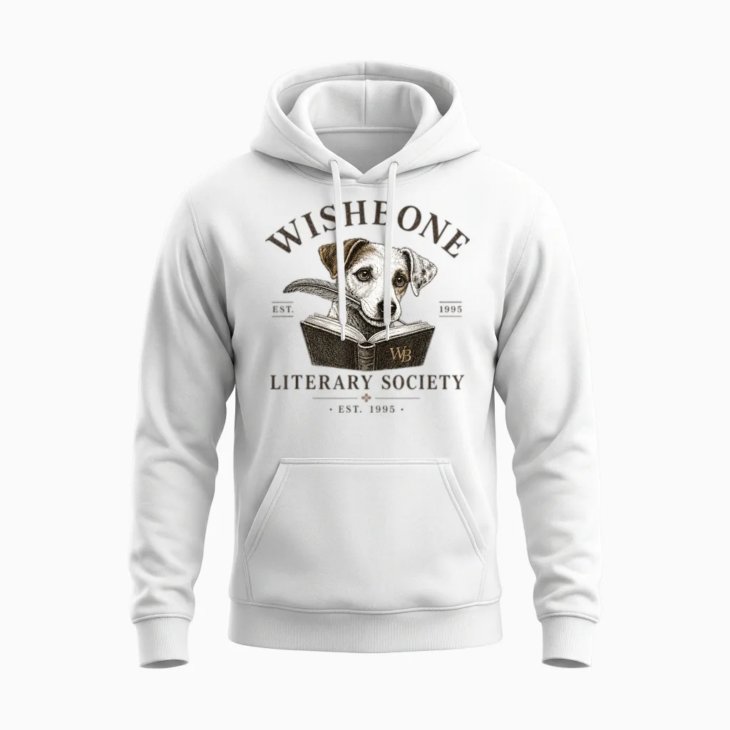 Wishbone Literary Society Vintage Book Lover Dog Design Unisex Hoodie in White