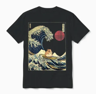 Hamster Kanagawa Wave Funny Surf Animal T-Shirt, Black Unisex T-Shirt - Black