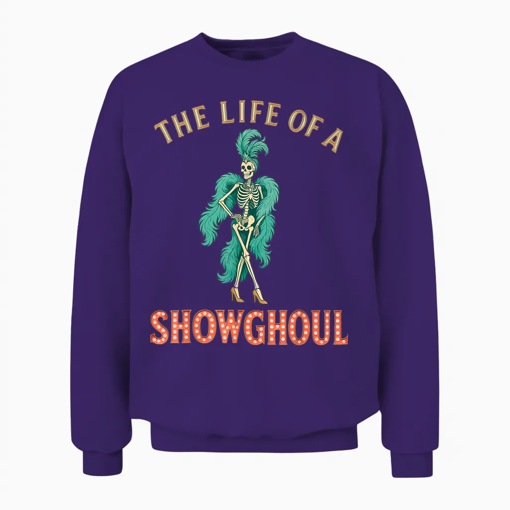 The Life of a Showghoul Retro Halloween Show Skeleton Girl Unisex Sweatshirt in Purple