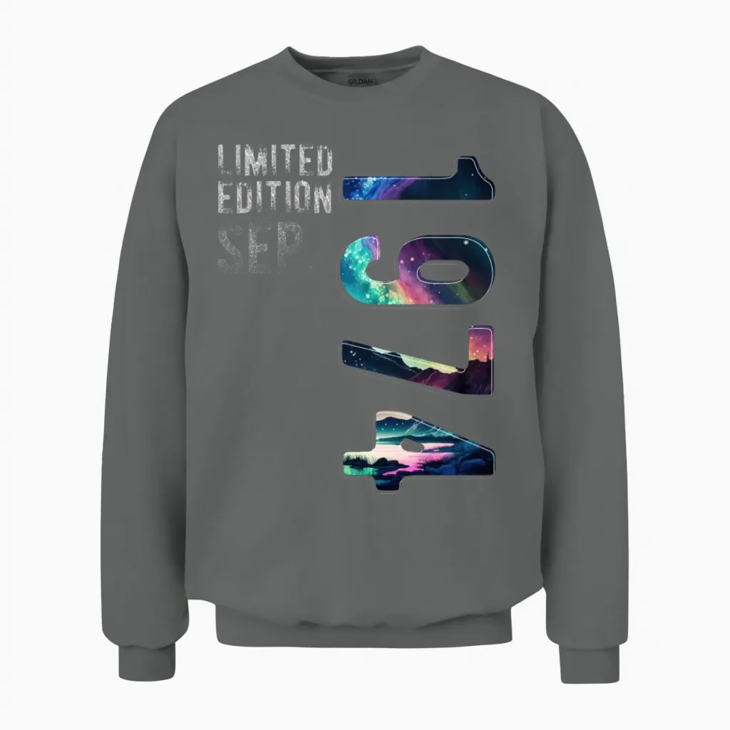 Vintage 1974 September Birthday Polar Lights Unisex Sweatshirt in Graphite Heather