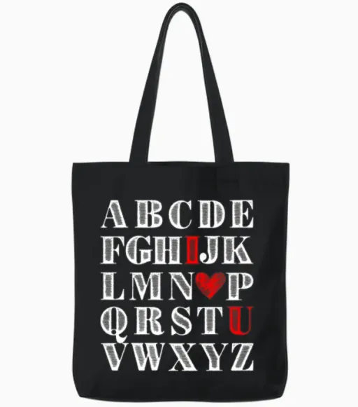 Funny Valentines Day Alphabet I Love You Teacher Tote Bags in Black