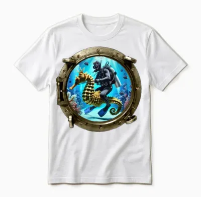 Porthole View of Scuba Diver Riding a Seahorse Urm Unisex T-Shirt - White