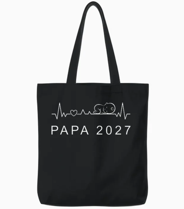 Homme Futur Papa 2027 Battement De Cœur Annonce Grossesse Père T-Shirt Haut De Gamme Tote Bags in Black