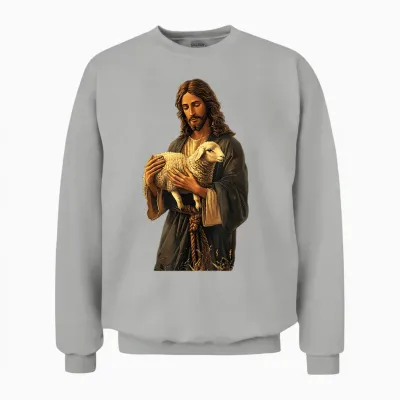 Friedliche Religiöse Darstellung Serener Jesus Mit Lamm Christliche Kunst T-Shirt Für Christen, Unisex, Weiß, S Unisex Sweatshirt - Ash