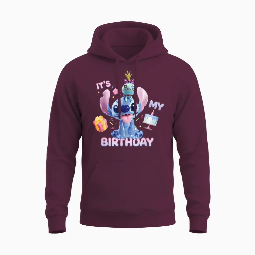 Disney Stitch & Scrump It's My Birthday Party Unisex Hoodie in Maroon