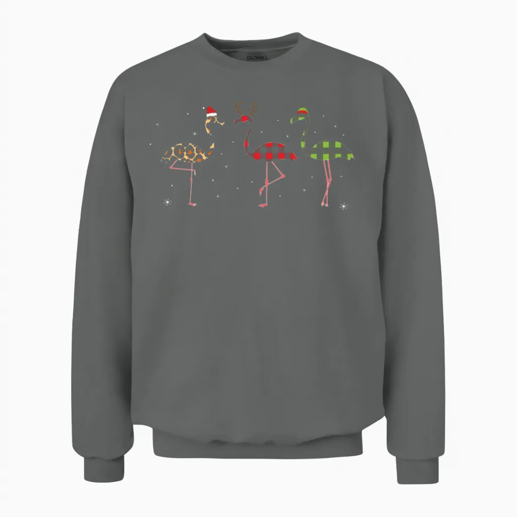 Funny Christmas Flamingos Unisex Sweatshirt in Graphite Heather