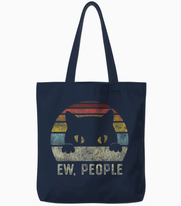 Ew People Retro Cat Funny Vintage Anti Social Introvert Tote Bags in Navy