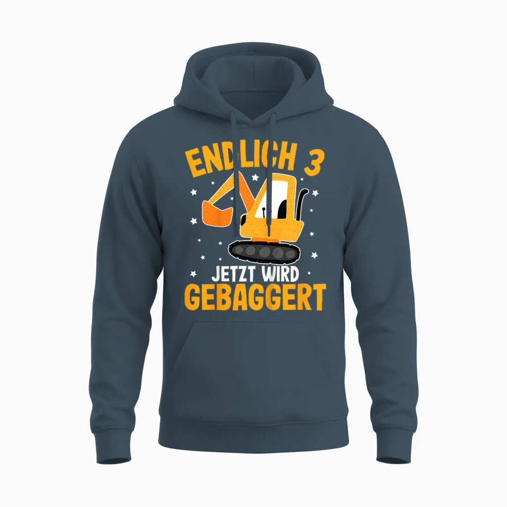 Children's Construction Site Finally 3 Years Now Wird Gebaggert Boys' Digger T-Shirt, Black Unisex Hoodie in Dark Heather