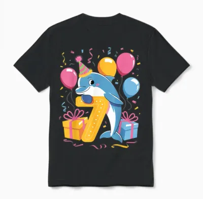 Delfin 7. Geburtstag Junge Mädchen 7 Jahre Alt Siebter Delfin Unisex T-Shirt - Black