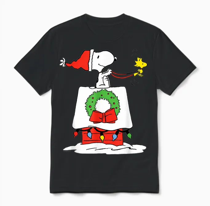 Peanuts Holiday Snoopy's Doghouse Sleigh Unisex T-Shirt in Black