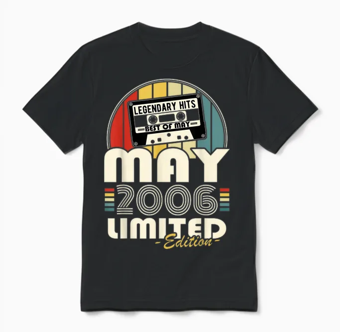 Vintage Anniversaire 20 Ans Née En Mai 2006 Garçons Filles Unisex T-Shirt in Black