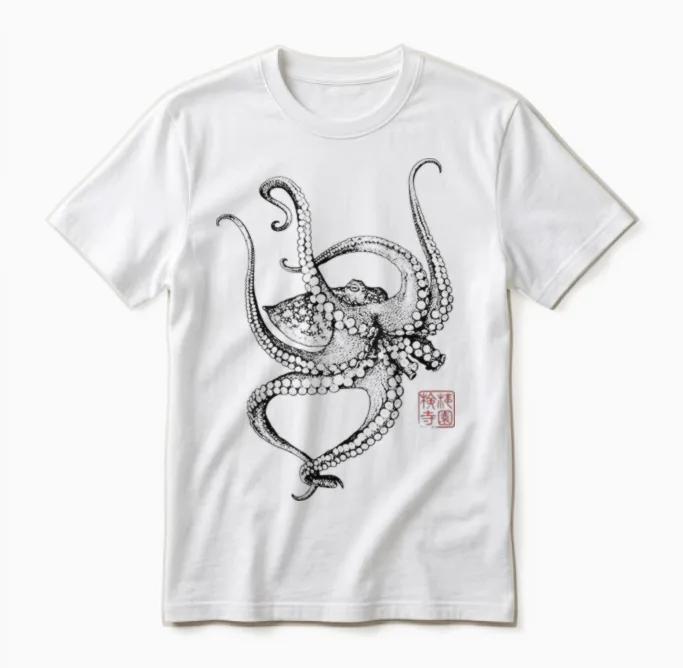 Japanische ästhetische Vintage Kraken Octopus Unisex T-Shirt in White