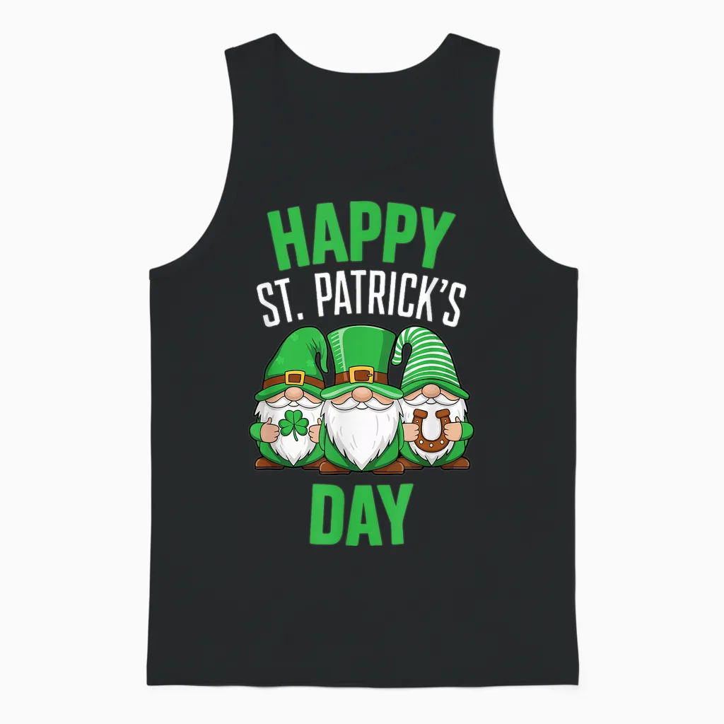 Happy St Patrick's Day Shirt with Three St. Patrick's Day Gnomes T-Shirt, Black, S Unisex Tank Top in Black